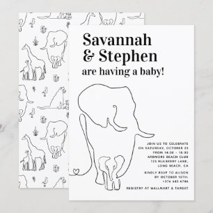 Invitation Baby shower commun moderne avec éléphant noir et b