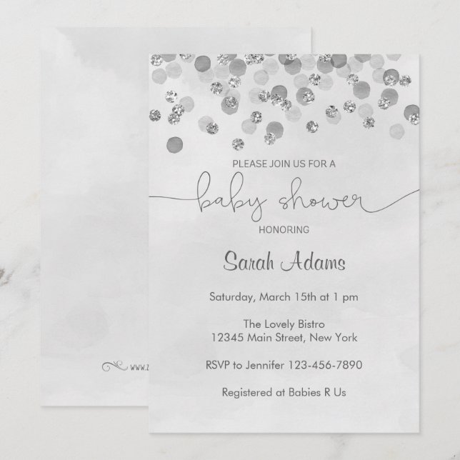 Invitation Baby shower Confetti Argent (Devant / Derrière)