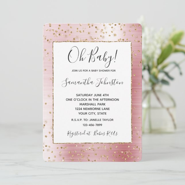 Invitation Baby shower Confetti brillant rose vif (Debout devant)