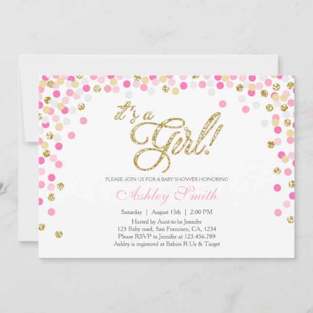 Invitation Baby shower Confetti Parties scintillant or rose I (Devant)