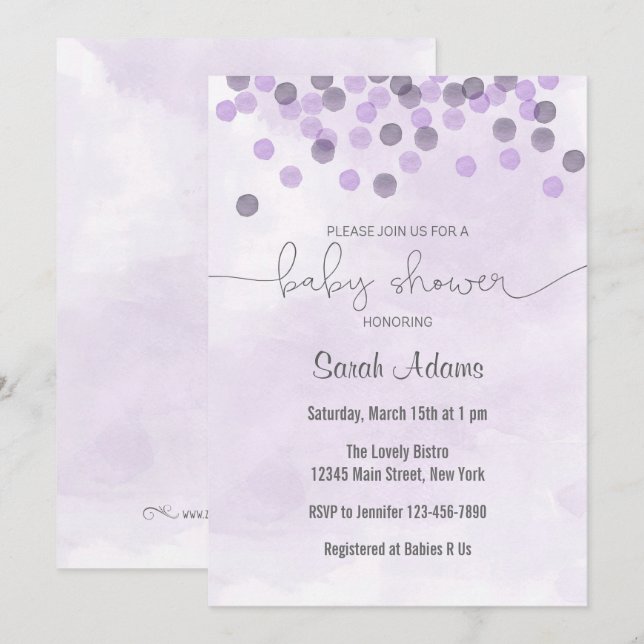 Invitation Baby shower Confetti Violet (Devant / Derrière)