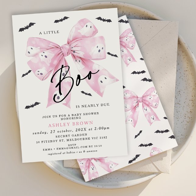 Invitation Baby shower Coquette Pink Bow Little Boo (Little Boo is Almost Due Baby Shower Invitation, Croquette Halloween Little Boo Baby Shower Invite)
