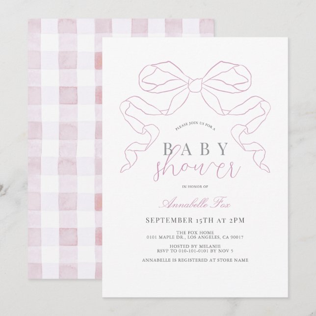 Invitation Baby shower Coquette Pink Bow/Ribbon Girl (Devant / Derrière)