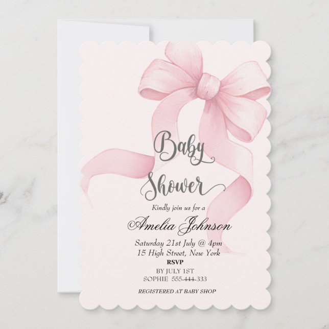 Invitation Baby shower coquette rose blanc et bow (Devant)