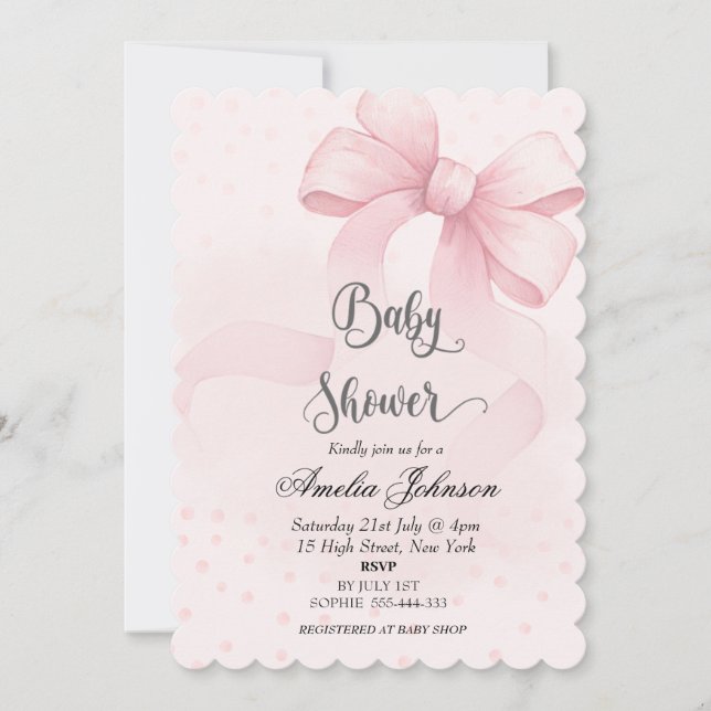 Invitation Baby shower coquette rose blanc et bow (Devant)