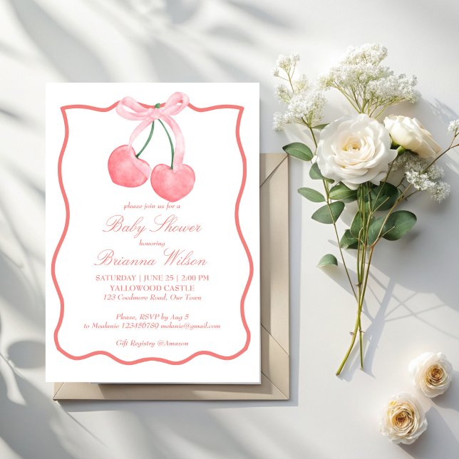 Invitation Baby shower coquette rose cerise (Cherry pink bow ribbon border coquette baby shower invitation template)