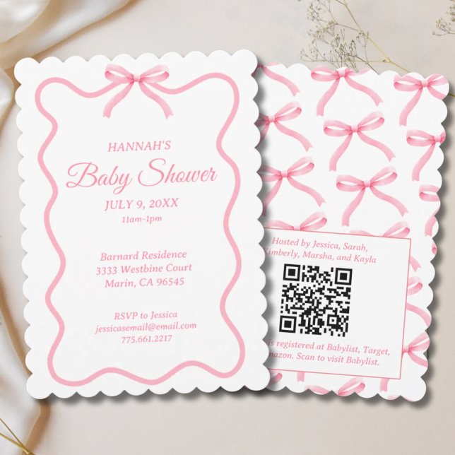 Invitation Baby shower coquette simple de fille de cou rose (Simple Pink Bow Girly Coquette Baby Shower Invitation)