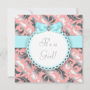 Invitation Baby Shower Corail Bleu Sarcelle et Gris
