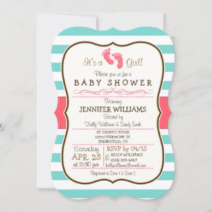 Invitation Baby shower Coral, Aqua & White Stripes