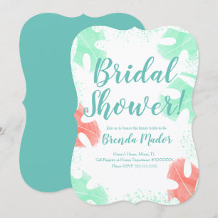 Invitation Baby Shower Coral Mint Feuilles de Monstera Aquare
