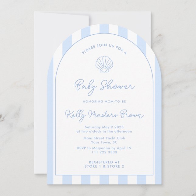 Invitation Baby shower côtier bleu et blanc de la mer moderne (Devant)
