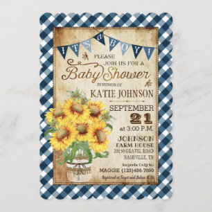 Invitation Baby shower Country Sunflower En vichy Check Boy