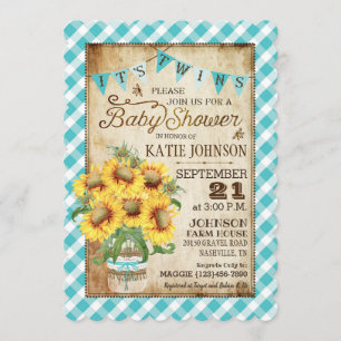 Invitation Baby shower Country Sunflowers En vichy Check Twin