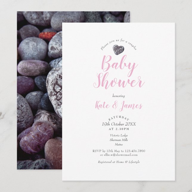 Invitation Baby shower Couples Coeur de galets / Saupoudrer (Devant / Derrière)