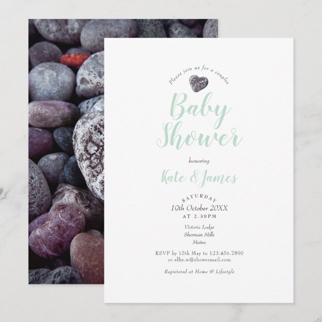 Invitation Baby shower Couples Coeur de galets / Saupoudrer (Devant / Derrière)
