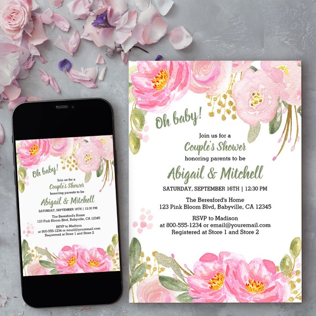 Invitation Baby shower Couples couleur or rose Floral (Créateur téléchargé)