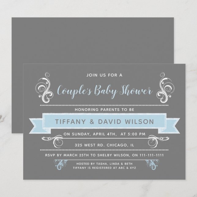 Invitation baby shower Couples gris bleu (Devant / Derrière)