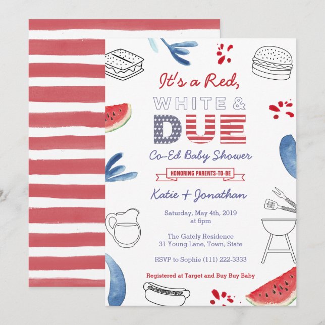 Invitation Baby shower Couples Red White et Due Blue Co-Ed (Devant / Derrière)