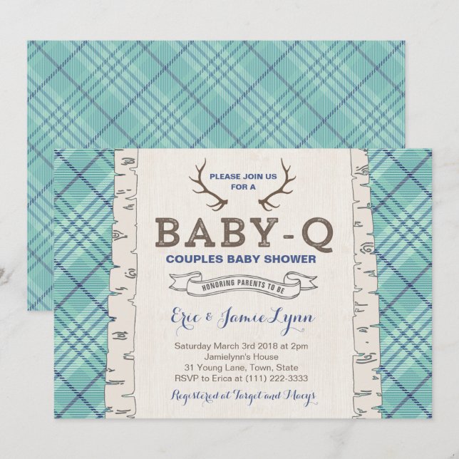 Invitation Baby shower Couples Tartan Bleu pour Garçon (Devant / Derrière)