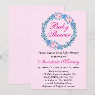 Invitation Baby Shower Couronne Florale Rose et Bleue Féminin