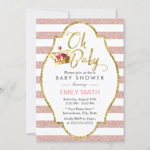 Invitation Baby shower Couronne or & rose rayures modernes