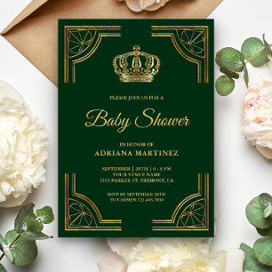Invitation Baby Shower Couronne Ornée Vert Doré Vintage