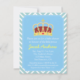 Invitation Baby Shower Couronne Prince Bleu Blanc Chevron