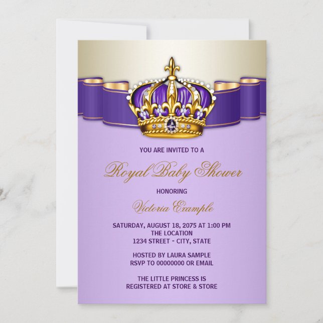Invitation Baby shower Couronne princesse d'or violet (Devant)