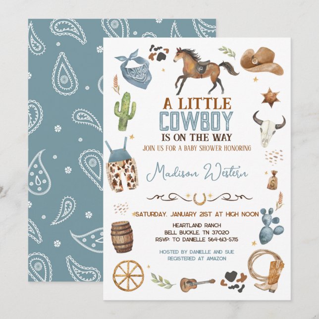 Invitation Baby shower Cowboy (Devant / Derrière)
