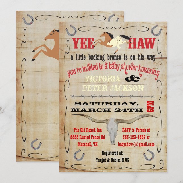 Invitation Baby shower Cowboy Bucking Bronco Couples (Devant / Derrière)