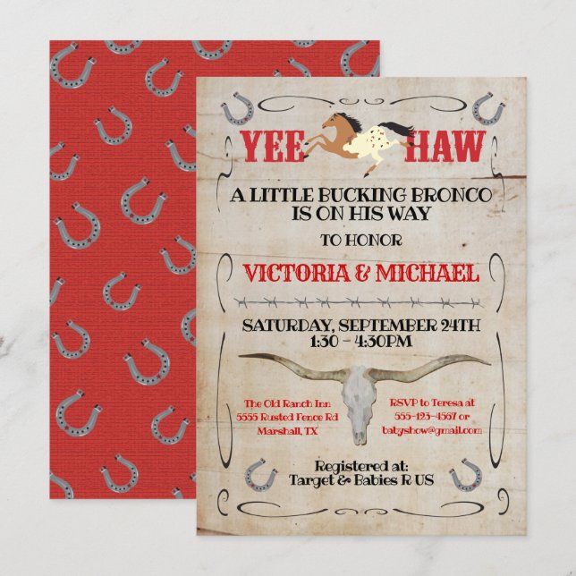 Invitation Baby shower Cowboy Bucking Bronco Couples (Devant / Derrière)