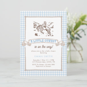 Invitation Baby Shower Cowboy Gingham Bleu Far West Vintage