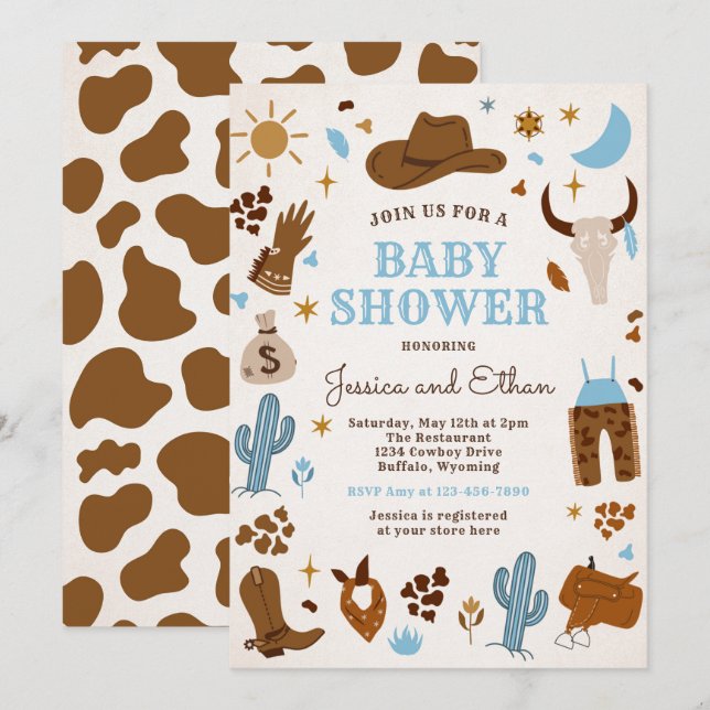 Invitation Baby shower Cowboy Wild West Rodeo Ranch (Devant / Derrière)