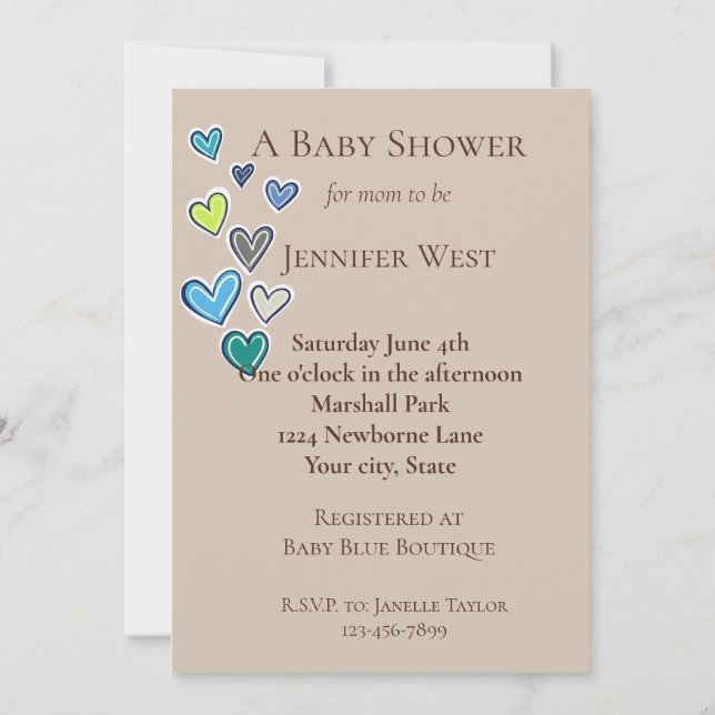 Invitation Baby shower Cream Blue Green Hearts (Dos)