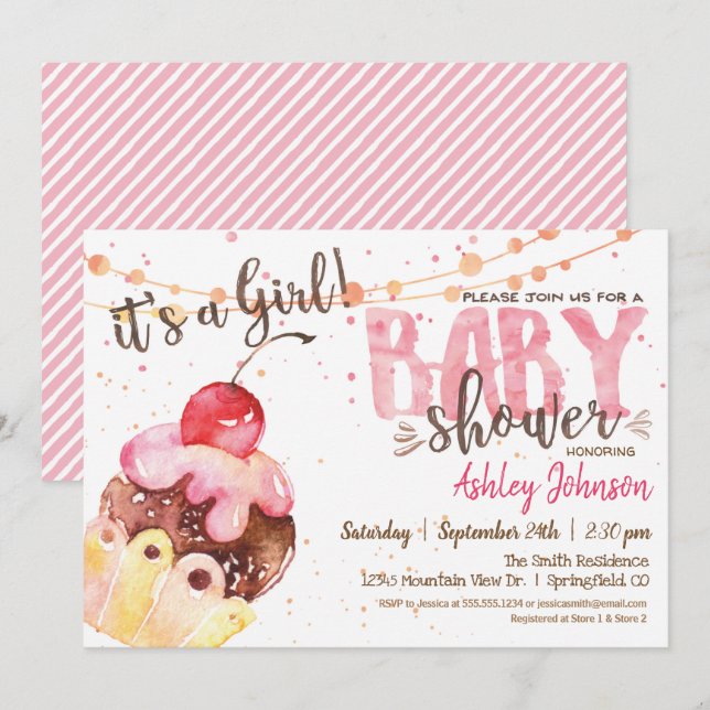 Invitation Baby shower Cupcake, c'est une fille (Devant / Derrière)