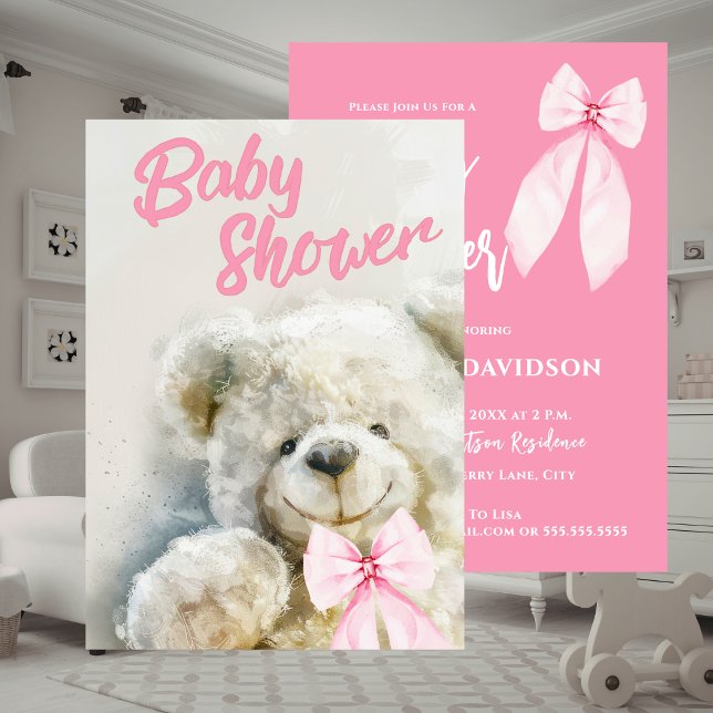 Invitation Baby Shower Cute Bear Pink Ribbon  (Baby Shower Cute Bear Pink Ribbon Invitation)