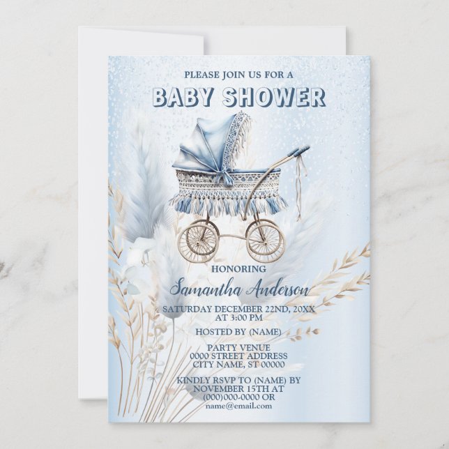 Invitation Baby shower Cute Classic Stroller Bleu Floral (Devant)