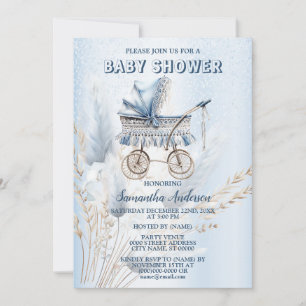 Invitation Baby shower Cute Classic Stroller Bleu Floral