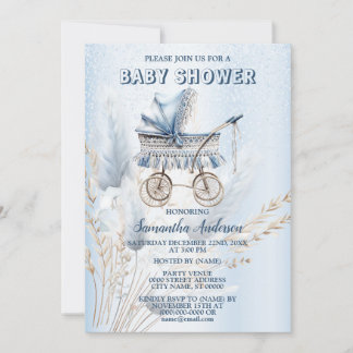 Invitation Baby shower Cute Classic Stroller Bleu Floral