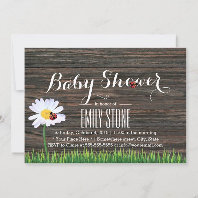 Invitation Baby shower Cute Daisy & Ladybugs Elégant Bois (Devant)