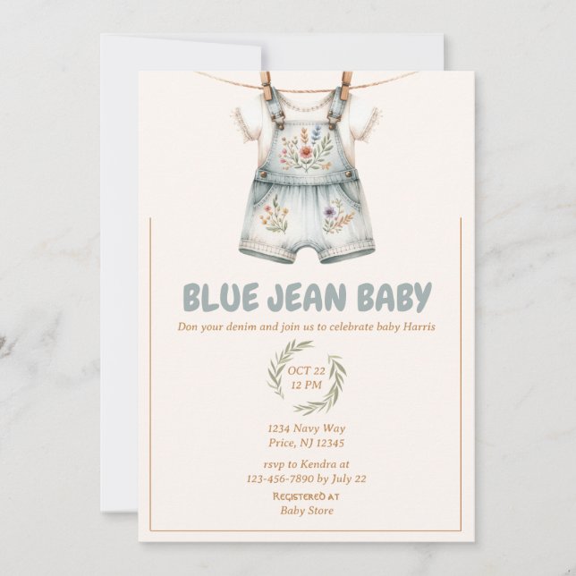 Invitation Baby shower Cute Denim Blue Jean (Devant)