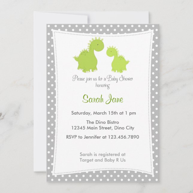Invitation Baby shower Cute Dinosaur Grey Green (Devant)
