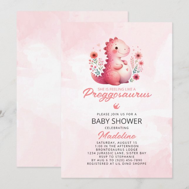 Invitation Baby shower Cute Dinosaur Preggosaurus (Devant / Derrière)