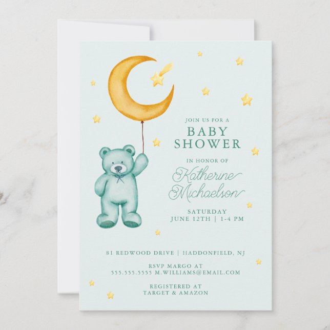 Invitation Baby shower | Cute lune d'ours aquarelle (Devant)