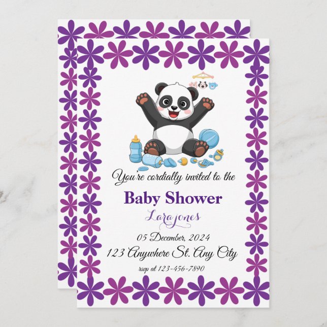 Invitation Baby shower Cute panda (Devant / Derrière)