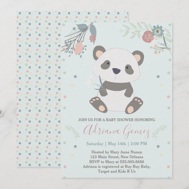 Invitation Baby shower Cute Panda Bear (Devant / Derrière)
