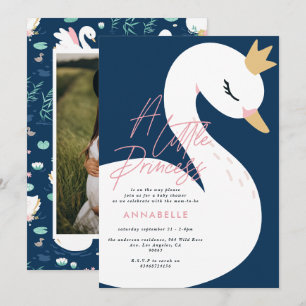 Invitation Baby shower cygne rose fille élégant bleu marine m
