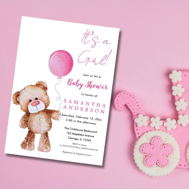 Invitation Baby shower d’ours minimaliste - C’est une fille (Teddy Bear Boy and Pink Baloon Baby Shower Invitation)