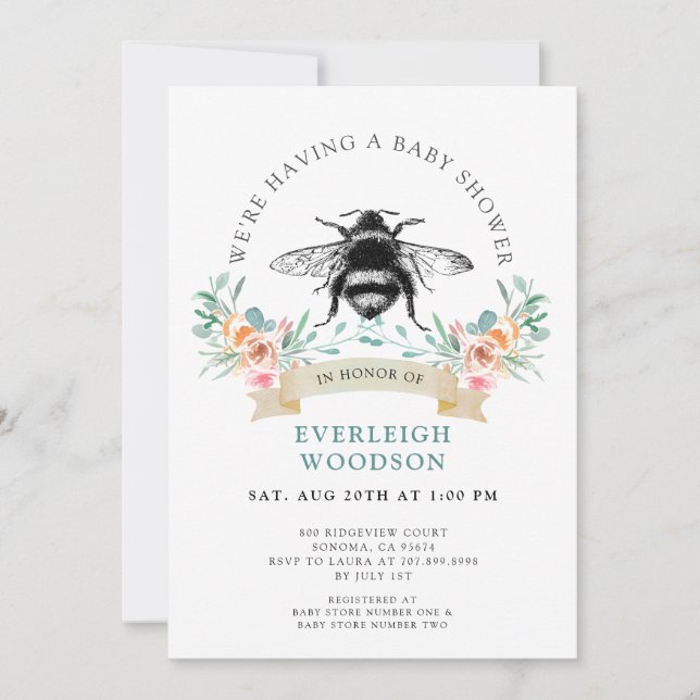 Invitation Baby shower d'abeille rose florale (Devant)