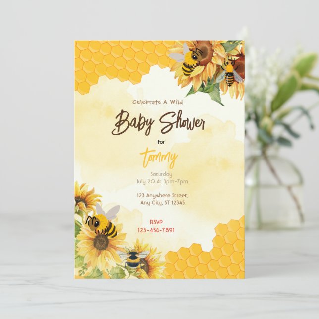 Invitation Baby shower d'abeilles à peigne miel (Debout devant)